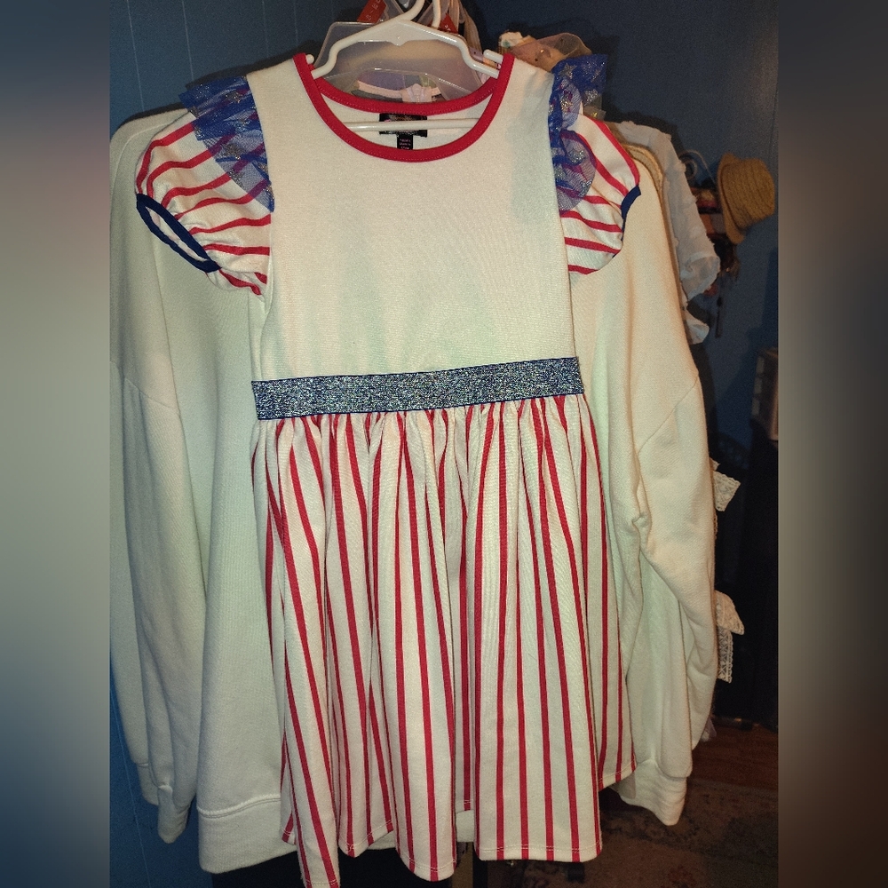 Red and White Striped Dress with Blue Accents